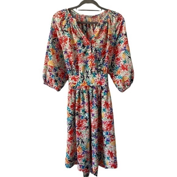 Eliza J Multicolor Colorful Balloon Sleeve Button Front Pocket Casual Dress - Picture 2 of 12